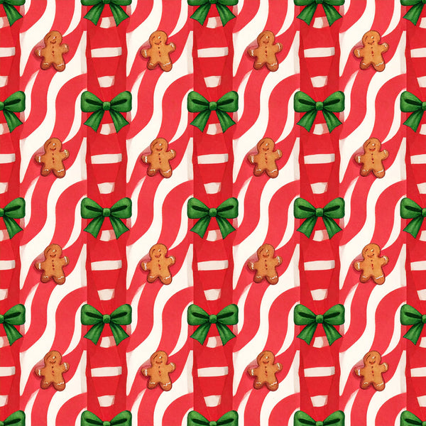 christmas, holiday, festive, gingerbread men, gingerbread, green bows, ribbons, red and white, cream, candy cane stripes, striped, geometric, retro, vintage, whimsical, playful, traditional, seasonal, kids, children, nursery, playroom, winter, decorative, festive motifs, classic christmas, nostalgic