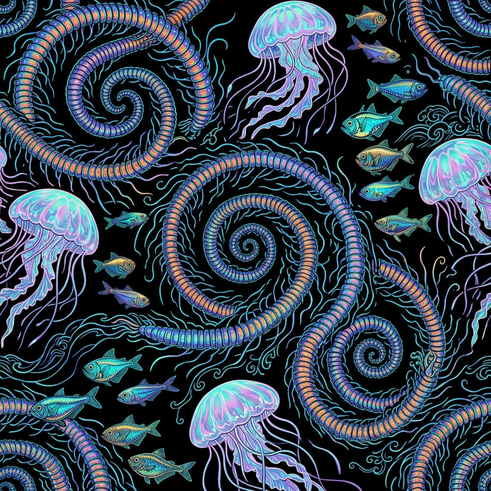neon jellyfish, bioluminescent, ocean creatures, tentacles, purple jellyfish, cyan blue, magenta pink, orange coral, black background, neon glow, glow in the dark, underwater scene, sea life, tropical fish, whimsical, psychedelic, modern art, abstract swirls, spiral patterns, aquatic theme, deep sea, nautical, fantasy ocean, vibrant colors, iridescent, ornamental spirals, playroom, kids room, adventure theme, ocean nursery