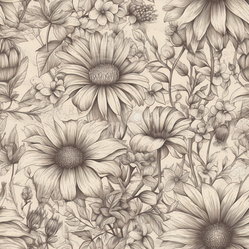 cream, beige, tan, sepia, taupe, floral, botanical, daisy, sunflower, flower, vintage, traditional, elegant, nature, garden, botanical illustration, line drawing, engraving style, detailed, intricate, timeless, classic, feminine, romantic, spring, summer, nursery, home decor, damask, ornamental