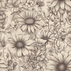 cream, beige, tan, sepia, taupe, floral, botanical, daisy, sunflower, flower, vintage, traditional, elegant, nature, garden, botanical illustration, line drawing, engraving style, detailed, intricate, timeless, classic, feminine, romantic, spring, summer, nursery, home decor, damask, ornamental