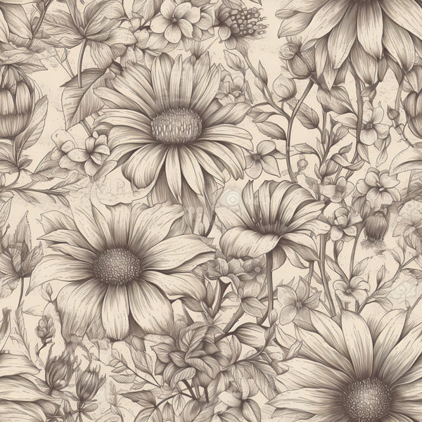 cream, beige, tan, sepia, taupe, floral, botanical, daisy, sunflower, flower, vintage, traditional, elegant, nature, garden, botanical illustration, line drawing, engraving style, detailed, intricate, timeless, classic, feminine, romantic, spring, summer, nursery, home decor, damask, ornamental