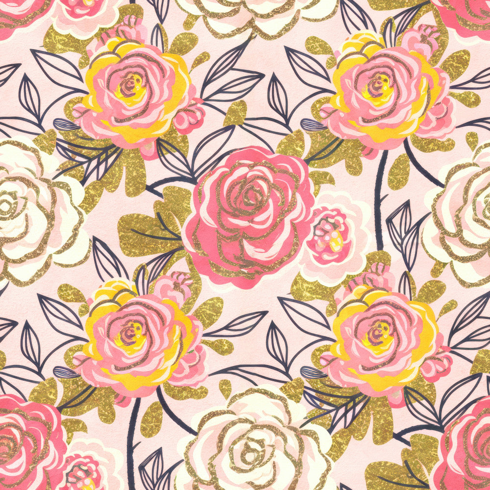 coral pink, hot pink, soft yellow, gold glitter, navy blue, cream, blush pink, floral, roses, botanical, nature, whimsical, elegant, romantic, vintage, spring, summer, garden flowers, layered petals, glitter accents, metallic gold, modern floral, feminine, delicate, pretty, decorative leaves, artistic, colorful flowers, nursery, kids room