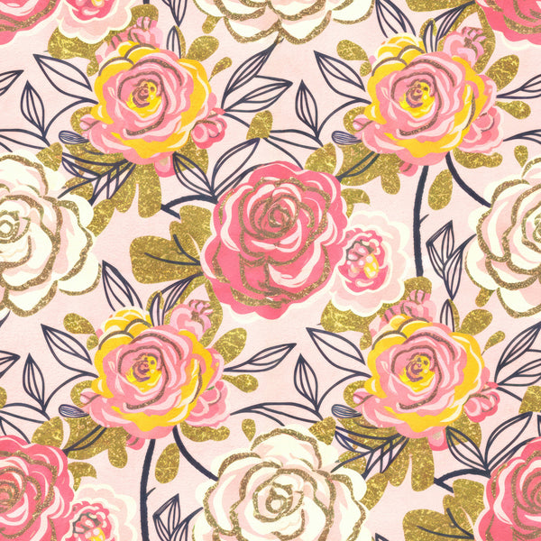 coral pink, hot pink, soft yellow, gold glitter, navy blue, cream, blush pink, floral, roses, botanical, nature, whimsical, elegant, romantic, vintage, spring, summer, garden flowers, layered petals, glitter accents, metallic gold, modern floral, feminine, delicate, pretty, decorative leaves, artistic, colorful flowers, nursery, kids room