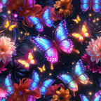 butterflies, fantasy, magical, vibrant colors, blue wings, purple wings, orange flowers, pink flowers, yellow accents, floral pattern, luminous, glowing effects, starlight, sparkles, iridescent, tropical blooms, whimsical, dreamy,, fabric panel, nature motifs, enchanted garden