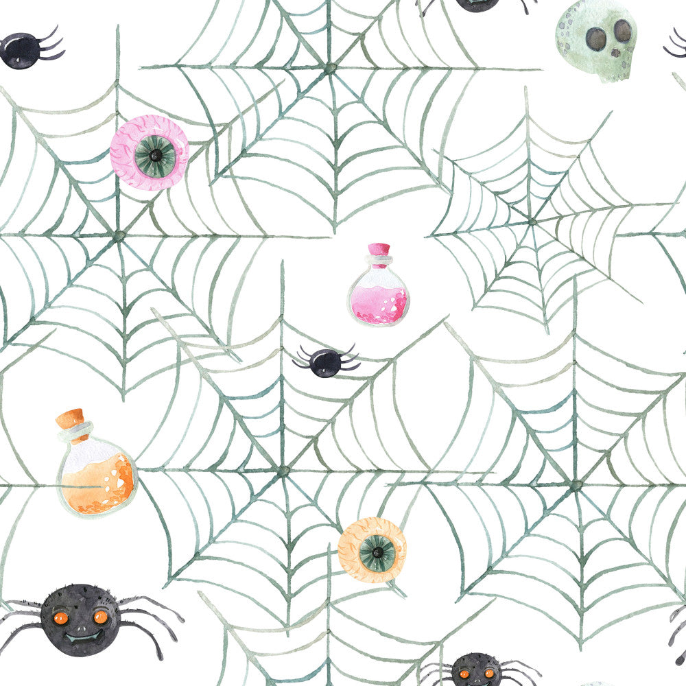 sage green, pink, orange, black, white, spiderweb, spider, potion bottles, eyes, eyeballs, halloween, spooky, whimsical, playful, witchy, magical, creepy cute, kids, children, nursery, playroom, baby, horror themed, festive, fun, mystical, enchanted, dark whimsy, novelty, character fabric