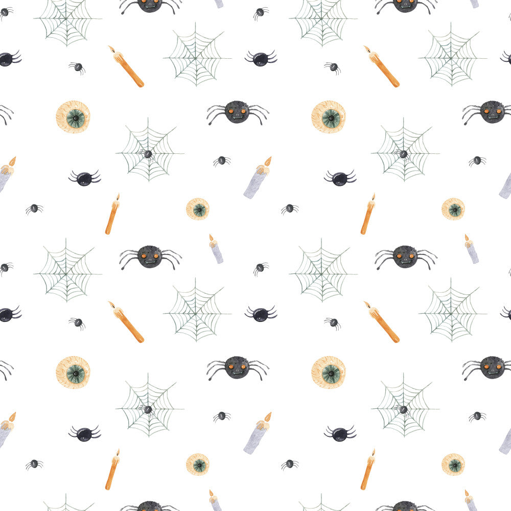 halloween, spooky, spiders, spider web, cobweb, creepy, witchy, black spiders, eyeballs, eye motif, candles, orange candles, white background, halloween decor, trick or treat, october, fall, autumn, holiday, spooky season, kids halloween, playroom, orange, black, beige, gray, whimsical, fun, children's, festive