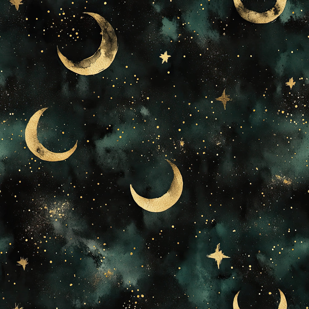 forest green, dark teal, gold, cream, celestial, night sky, stars, crescent moons, whimsical, magical, dreamy, nursery, baby room, kids room, moonlight, nighttime, constellation, elegant, modern, fantasy, enchanted, starry night, moon and stars, watercolor, ethereal, soothing, peaceful, bedtime, lullaby, adventure