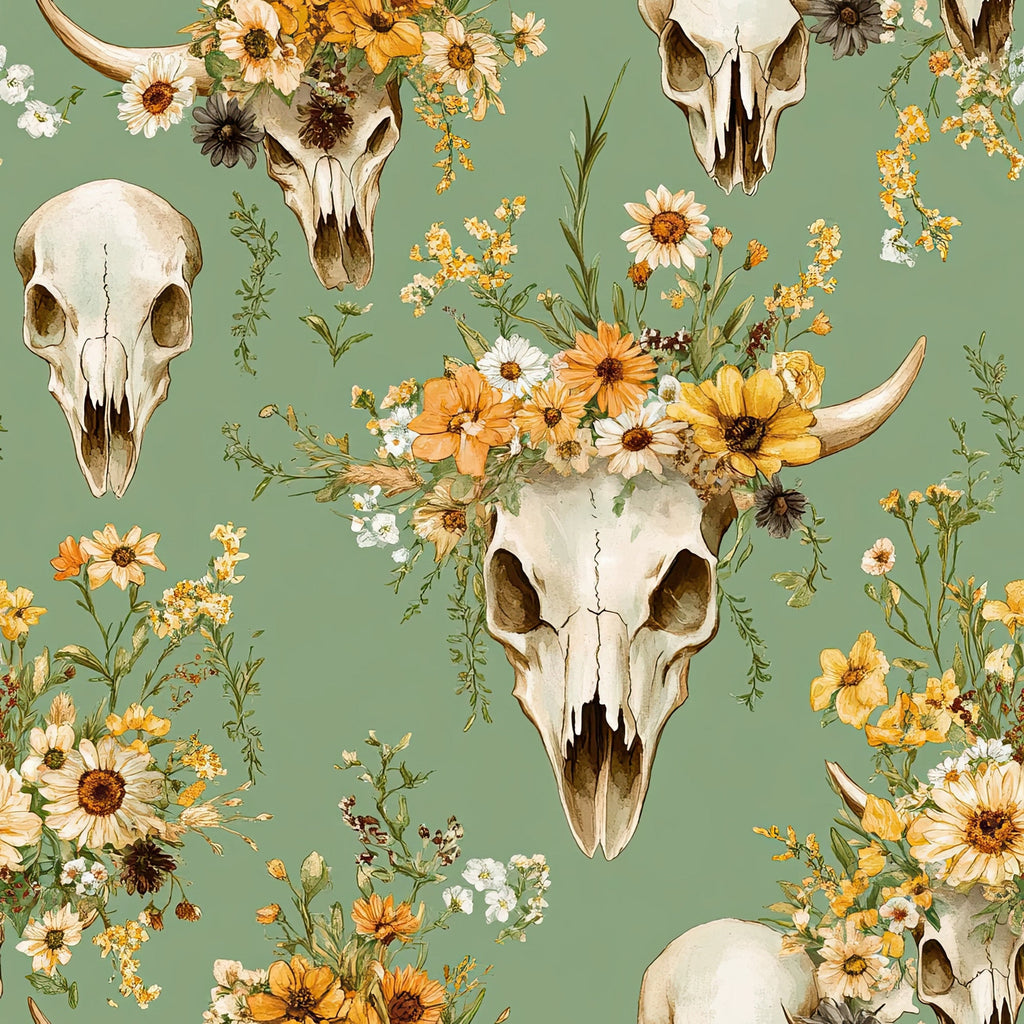 sage green, cream, golden yellow, orange, white, animal skulls, cow skulls, wildflowers, daisies, botanical elements, western theme, rustic style, vintage illustration, floral crowns,, fabric panel, boho aesthetic, nature motifs, scattered pattern, earthy tones