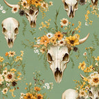 sage green, cream, golden yellow, orange, white, animal skulls, cow skulls, wildflowers, daisies, botanical elements, western theme, rustic style, vintage illustration, floral crowns,, fabric panel, boho aesthetic, nature motifs, scattered pattern, earthy tones