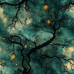 teal, forest green, deep turquoise, golden yellow, cream, black, celestial, night sky, stars, tree branches, bare branches, lanterns, glowing lights, magical, whimsical, enchanted, fantasy, dreamy, mysterious, elegant, vintage, gothic, moody, winter, nighttime, nursery, blanket, throw, cozy, ethereal