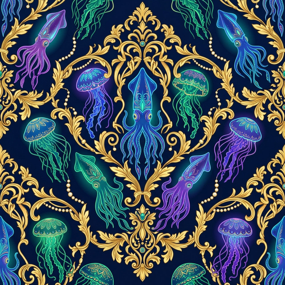 navy blue, gold, neon purple, neon green, neon blue, cyan, magenta, jellyfish, squid, octopus, ornate, baroque, damask, victorian, elegant, whimsical, bioluminescent, glowing, neon, glow-in-the-dark, ocean, sea creatures, marine life, nautical, underwater, celestial, mystical, magical, gothic elegant, decorative