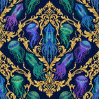navy blue, gold, neon purple, neon green, neon blue, cyan, magenta, jellyfish, squid, octopus, ornate, baroque, damask, victorian, elegant, whimsical, bioluminescent, glowing, neon, glow-in-the-dark, ocean, sea creatures, marine life, nautical, underwater, celestial, mystical, magical, gothic elegant, decorative