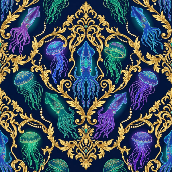 navy blue, gold, neon purple, neon green, neon blue, cyan, magenta, jellyfish, squid, octopus, ornate, baroque, damask, victorian, elegant, whimsical, bioluminescent, glowing, neon, glow-in-the-dark, ocean, sea creatures, marine life, nautical, underwater, celestial, mystical, magical, gothic elegant, decorative
