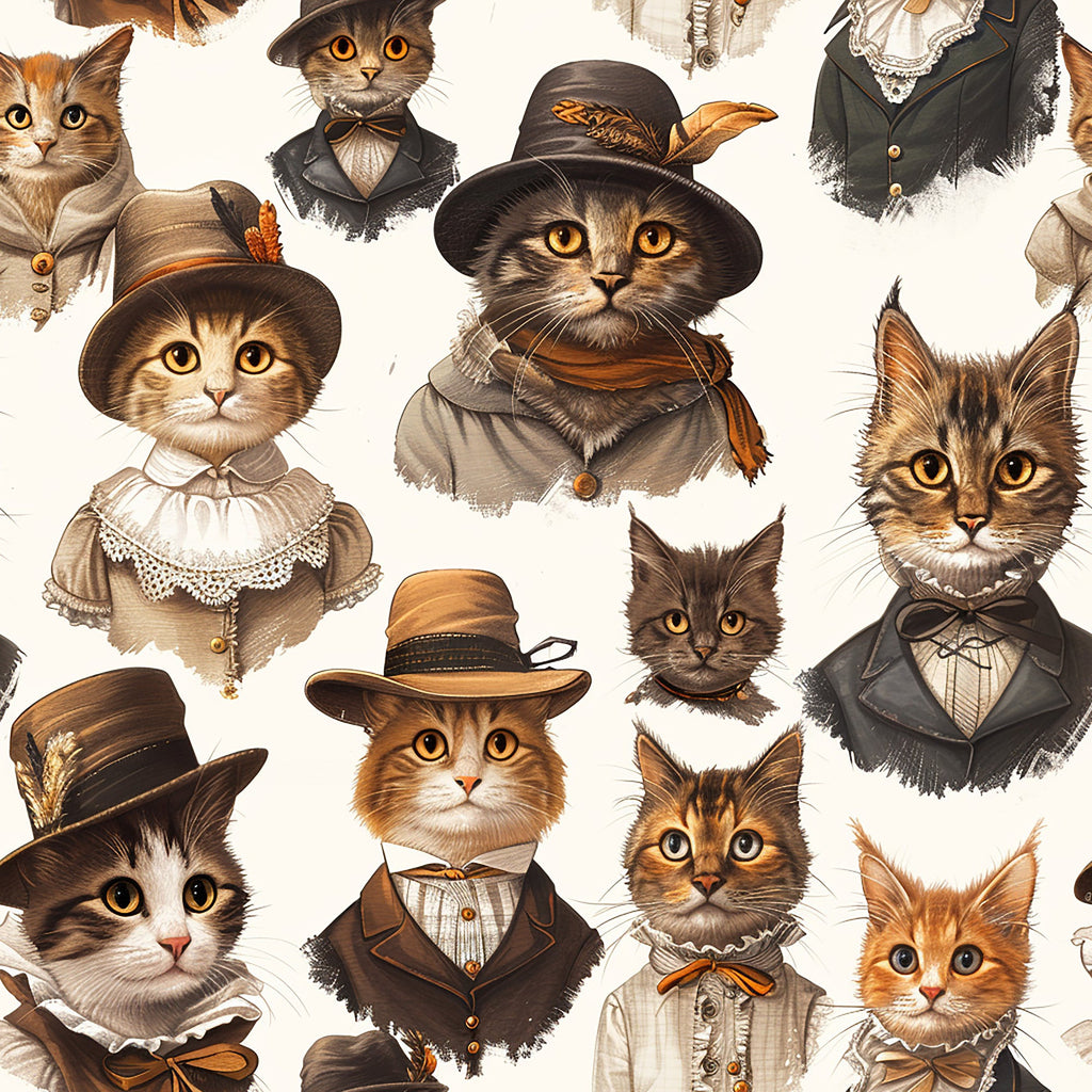 victorian cats, anthropomorphic cats, dressed cats, vintage clothing, period costumes, hats and bonnets, formal attire, cream background, brown tones, orange accents, sepia colors,, fabric panel, whimsical illustrations, detailed portraits, human-like cats, victorian era, nostalgic artwork, charming characters, repeating pattern