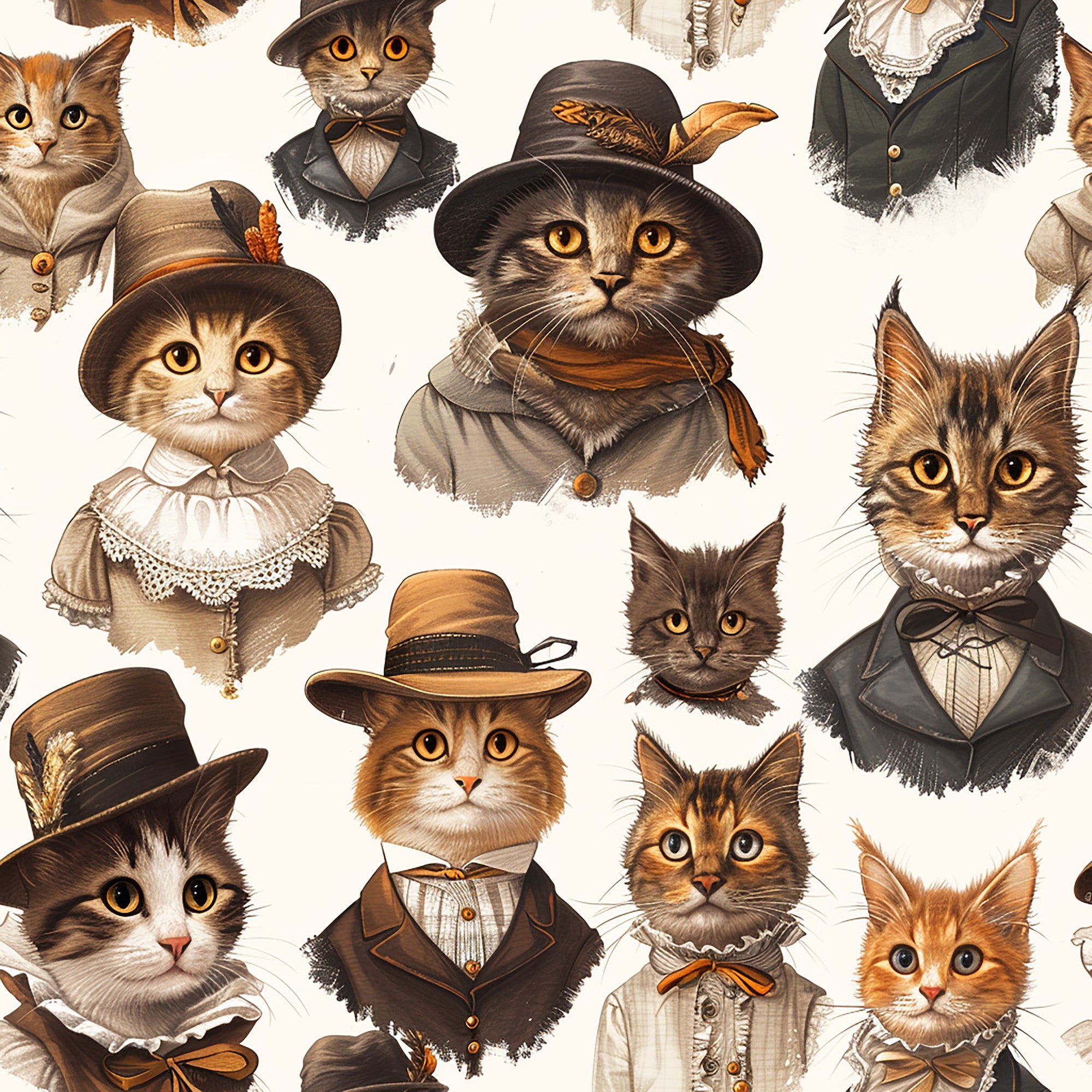 victorian cats, anthropomorphic cats, dressed cats, vintage clothing, period costumes, hats and bonnets, formal attire, cream background, brown tones, orange accents, sepia colors,, fabric panel, whimsical illustrations, detailed portraits, human-like cats, victorian era, nostalgic artwork, charming characters, repeating pattern