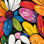 vibrant flowers, floral pattern, rainbow petals, multicolored blooms, orange petals, blue petals, pink petals, yellow petals, red petals, white petals, green petals, purple petals, black background, daisy flowers, abstract floral, contemporary art,, fabric panel, bright colors, painterly style, brushstroke texture, cheerful mood, spring flowers