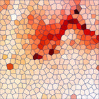 mosaic pattern, geometric design, coral, peach, salmon, burgundy, cream, beige, red-orange, stained glass effect, irregular polygons, heart shape, love theme, romantic,, fabric panel, tessellation, warm tones, abstract art, honeycomb structure