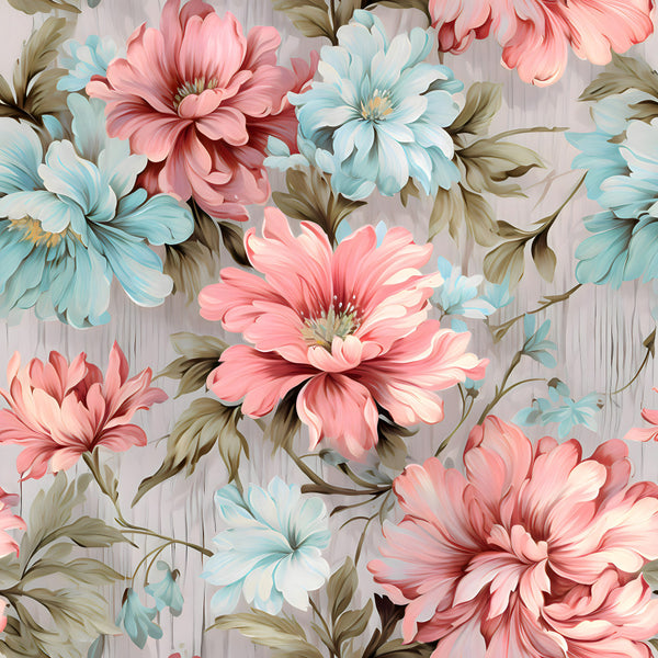 coral pink, dusty rose, light blue, pale blue, sage green, cream, soft pink, blush pink, floral, dahlia, gerbera, botanical, vintage floral, traditional, elegant, romantic, garden flowers, nature, spring, summer, cottage core, feminine, delicate, multi-colored flowers, layered petals, hand-painted style, classic, timeless, nursery, baby girl