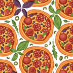 pizza pattern, pepperoni slices, basil leaves, olives, cheese, orange crust, red pepperoni, green herbs, yellow cheese, purple basil, food illustration, italian cuisine, seamless repeat,, fabric panel, kitchen theme, culinary design, cartoon style, bright colors, food motif