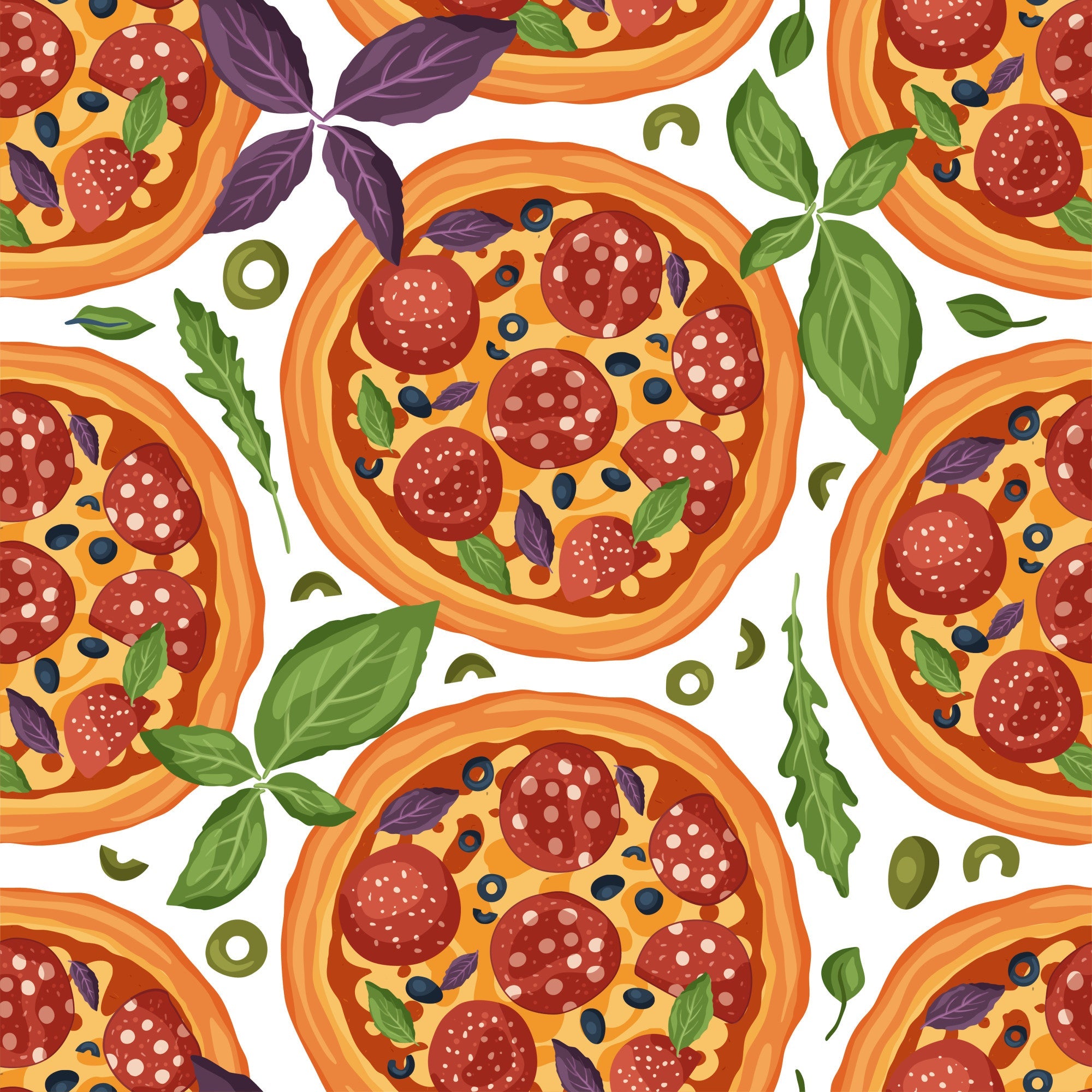 pizza pattern, pepperoni slices, basil leaves, olives, cheese, orange crust, red pepperoni, green herbs, yellow cheese, purple basil, food illustration, italian cuisine, seamless repeat,, fabric panel, kitchen theme, culinary design, cartoon style, bright colors, food motif