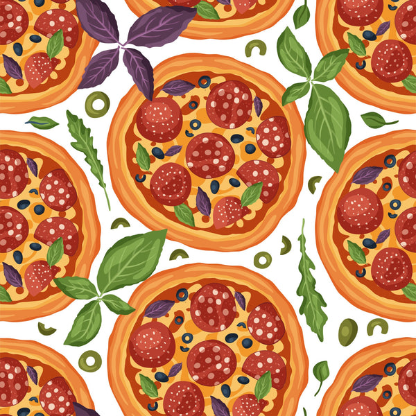 pizza pattern, pepperoni slices, basil leaves, olives, cheese, orange crust, red pepperoni, green herbs, yellow cheese, purple basil, food illustration, italian cuisine, seamless repeat,, fabric panel, kitchen theme, culinary design, cartoon style, bright colors, food motif
