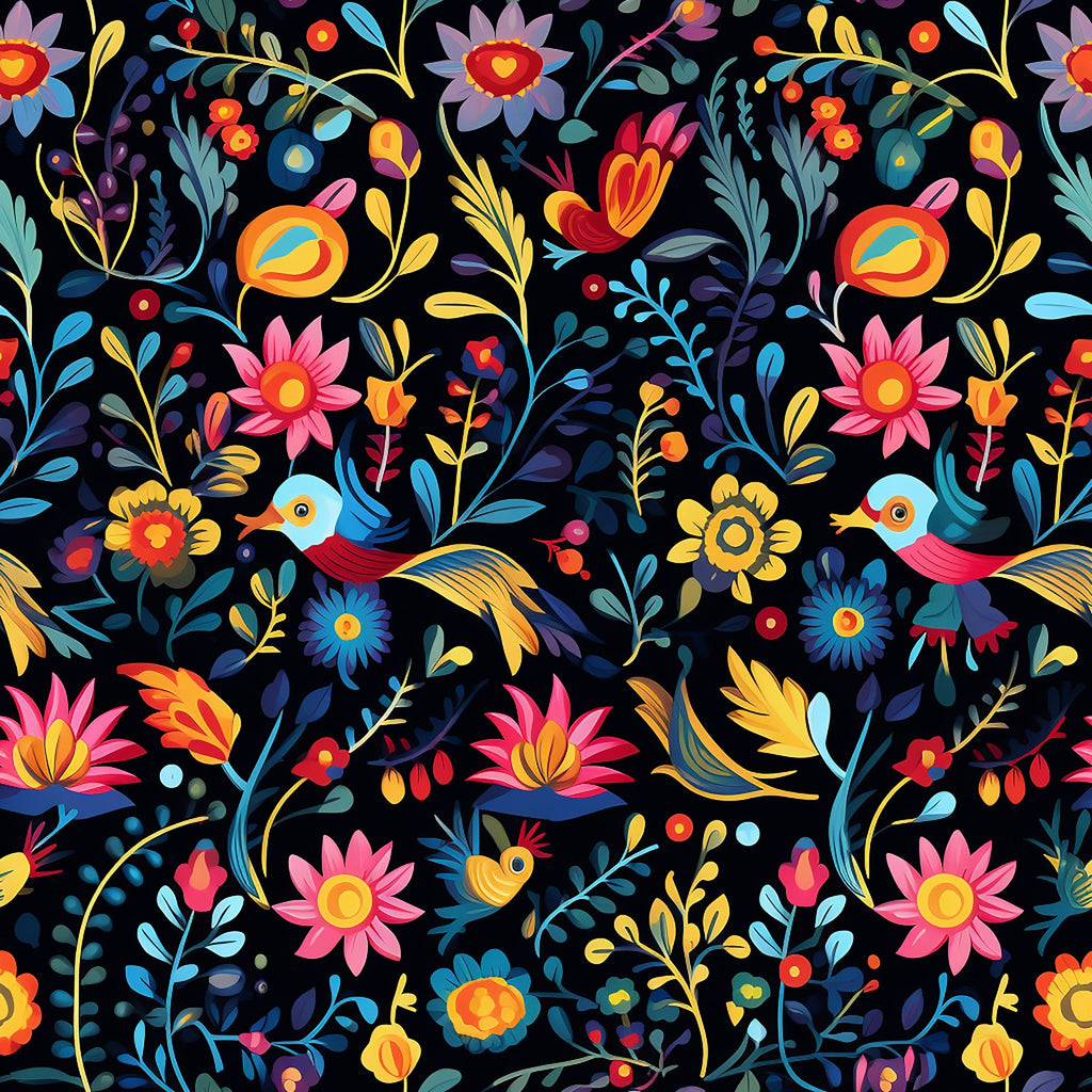 mexican floral, folk art, colorful birds, vibrant flowers, black background, pink blossoms, blue leaves, yellow accents, orange petals, tropical birds, whimsical design,, fabric panel, festive pattern, botanical motifs, decorative florals, bright colors, artistic illustration, nature theme