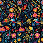 mexican floral, folk art, colorful birds, vibrant flowers, black background, pink blossoms, blue leaves, yellow accents, orange petals, tropical birds, whimsical design,, fabric panel, festive pattern, botanical motifs, decorative florals, bright colors, artistic illustration, nature theme