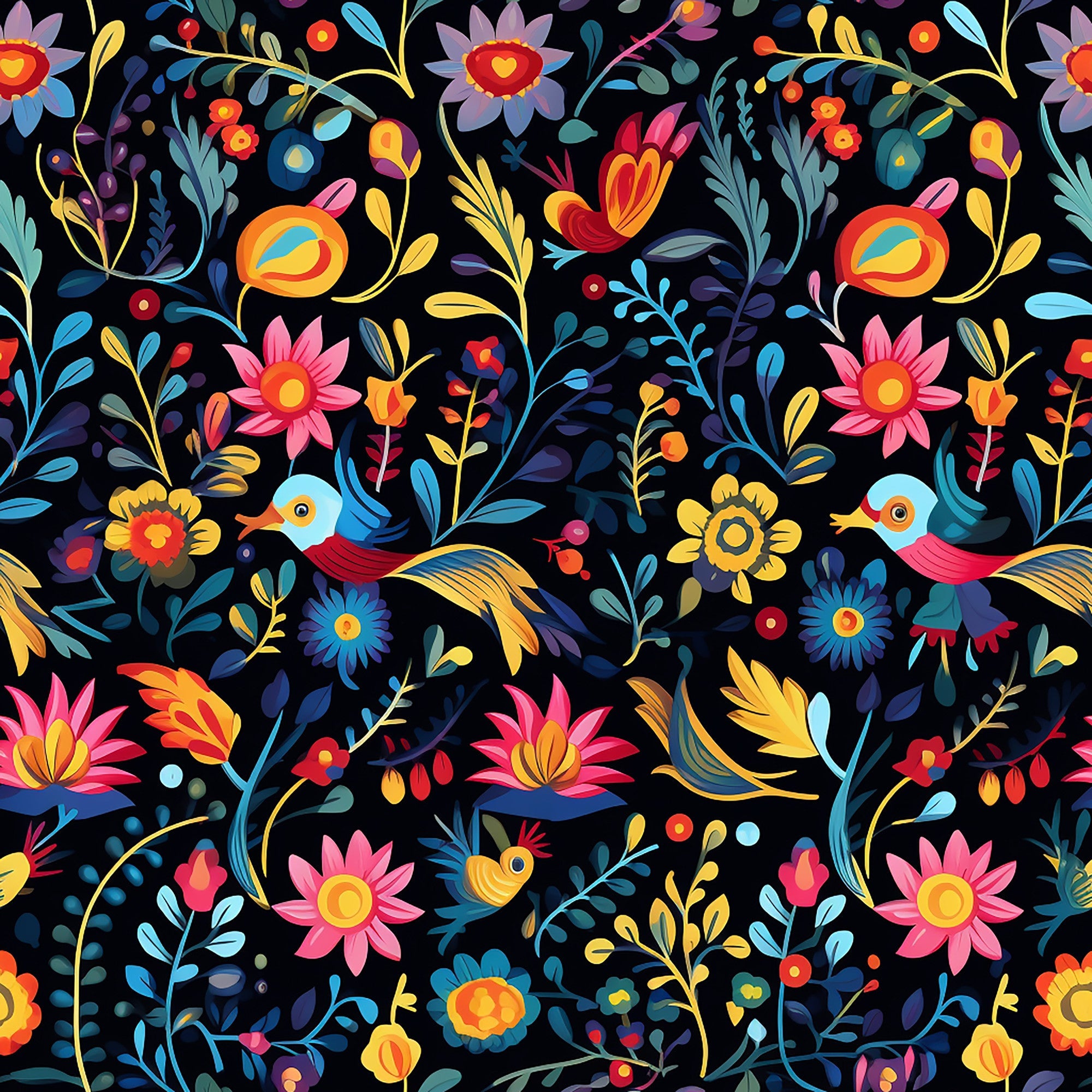 mexican floral, folk art, colorful birds, vibrant flowers, black background, pink blossoms, blue leaves, yellow accents, orange petals, tropical birds, whimsical design,, fabric panel, festive pattern, botanical motifs, decorative florals, bright colors, artistic illustration, nature theme