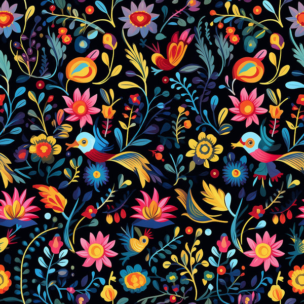 mexican floral, folk art, colorful birds, vibrant flowers, black background, pink blossoms, blue leaves, yellow accents, orange petals, tropical birds, whimsical design,, fabric panel, festive pattern, botanical motifs, decorative florals, bright colors, artistic illustration, nature theme