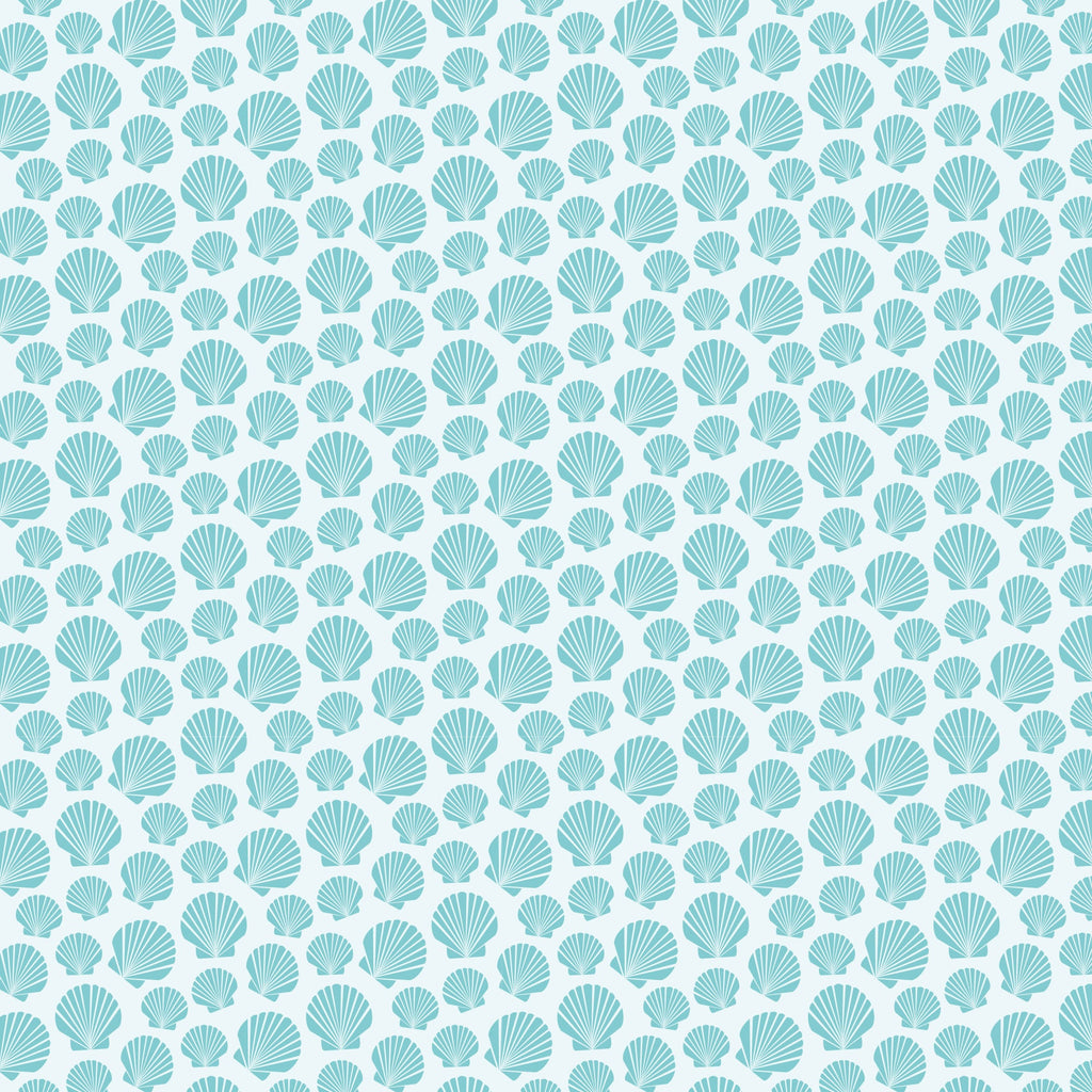 aqua, turquoise, teal, white, seashells, scallop shells, nautical pattern, ocean theme, marine motifs, repeating design, beach vibes, coastal style,, fabric panel, sea life, shell pattern, geometric arrangement, maritime, underwater theme, tropical feel