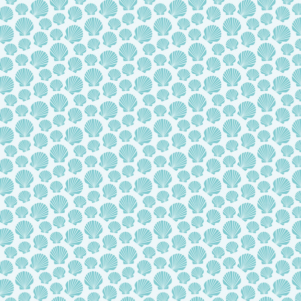 aqua, turquoise, teal, white, seashells, scallop shells, nautical pattern, ocean theme, marine motifs, repeating design, beach vibes, coastal style,, fabric panel, sea life, shell pattern, geometric arrangement, maritime, underwater theme, tropical feel