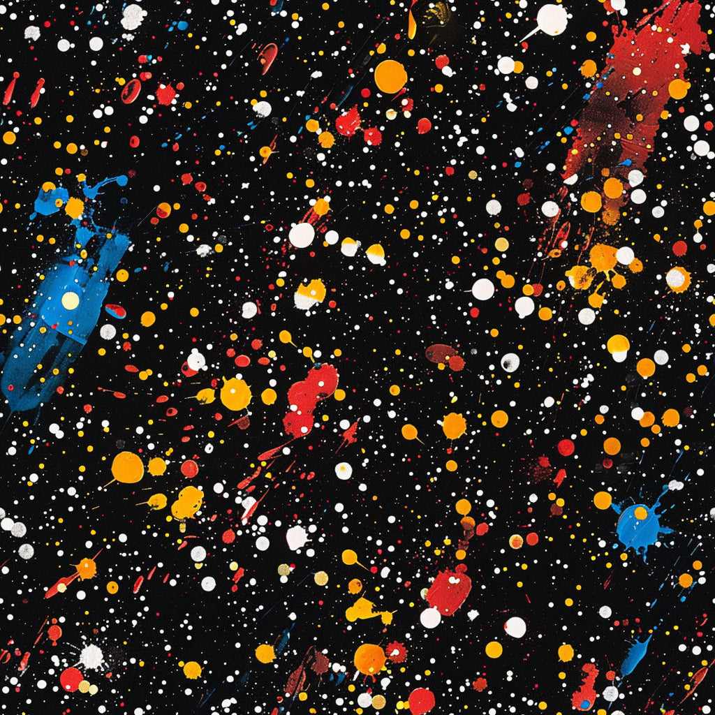 black background, paint splatter, multicolor dots, red paint, blue paint, yellow paint, white paint, orange paint, abstract pattern, artistic design, contemporary style, splatter effect, colorful spots, modern art,, fabric panel, vibrant colors, random placement, geometric circles, crafting material