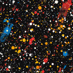 black background, paint splatter, multicolor dots, red paint, blue paint, yellow paint, white paint, orange paint, abstract pattern, artistic design, contemporary style, splatter effect, colorful spots, modern art,, fabric panel, vibrant colors, random placement, geometric circles, crafting material