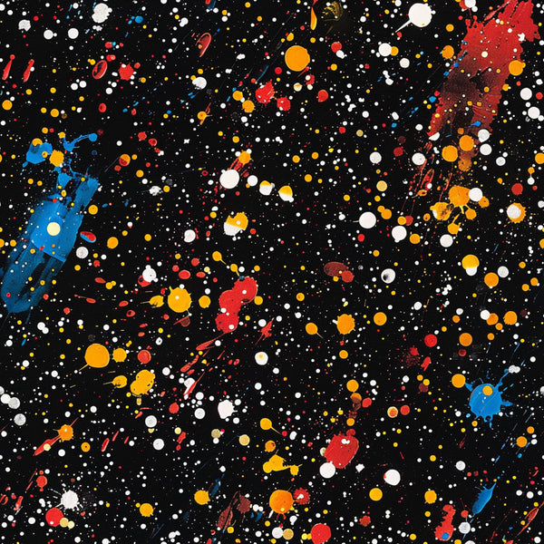 black background, paint splatter, multicolor dots, red paint, blue paint, yellow paint, white paint, orange paint, abstract pattern, artistic design, contemporary style, splatter effect, colorful spots, modern art,, fabric panel, vibrant colors, random placement, geometric circles, crafting material