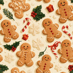 gingerbread men, holiday, christmas, festive, cream, tan, brown, red, green, white, candy canes, holly, snowflakes, presents, gifts, whimsical, playful, cute, cheerful, kids, children, winter, seasonal, baking, cookies, smiling faces, rustic, traditional, festive decor