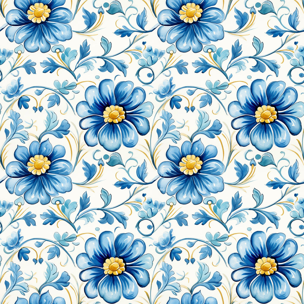 blue, white, yellow, floral pattern, handpainted tiles, ceramic style, botanical design, decorative flowers, scrollwork, ornamental vines, portuguese tiles, mediterranean style,, fabric panel, delft blue, folk art, repeating pattern, cottage core, vintage inspired, artisan crafted