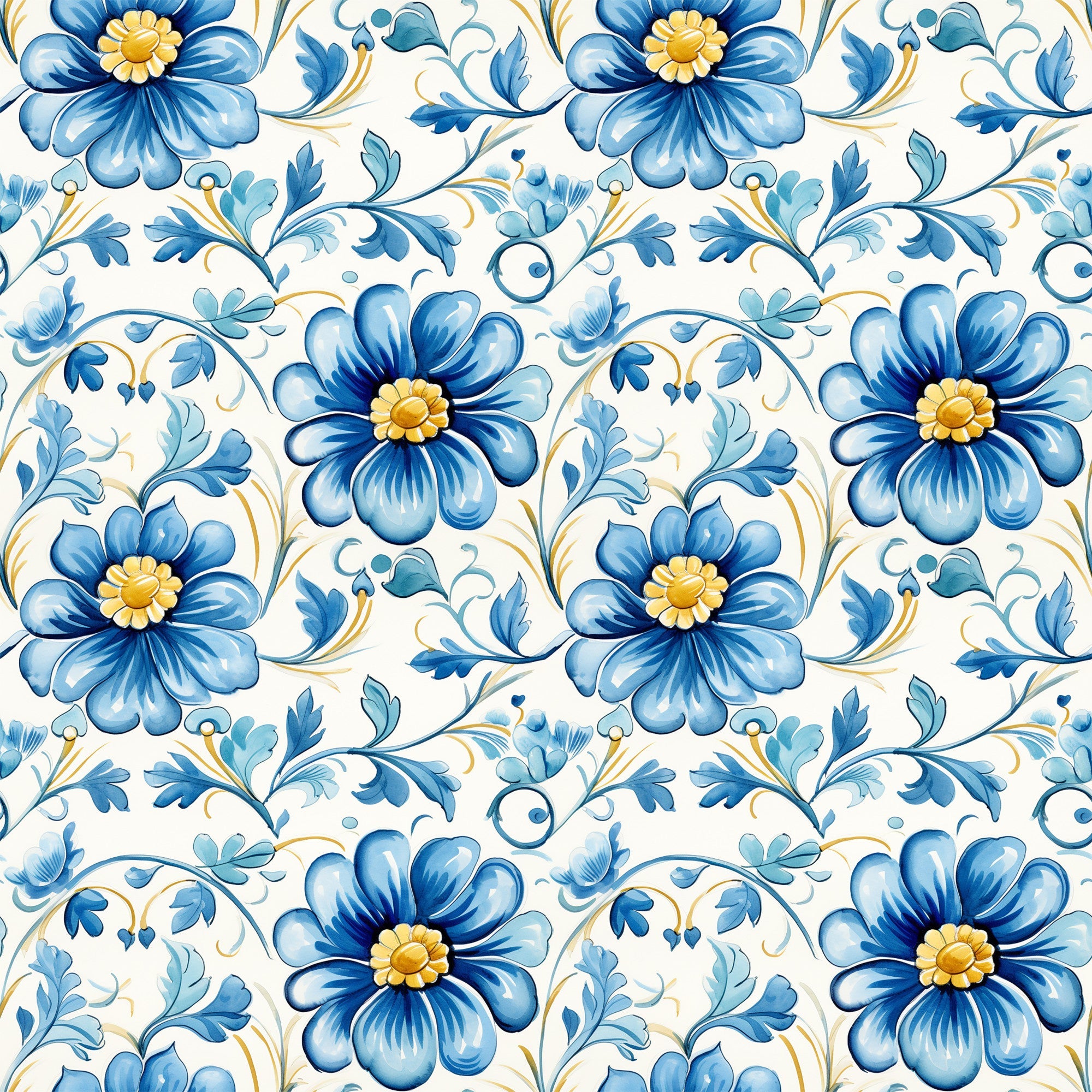 blue, white, yellow, floral pattern, handpainted tiles, ceramic style, botanical design, decorative flowers, scrollwork, ornamental vines, portuguese tiles, mediterranean style,, fabric panel, delft blue, folk art, repeating pattern, cottage core, vintage inspired, artisan crafted
