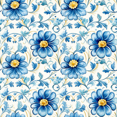 blue, white, yellow, floral pattern, handpainted tiles, ceramic style, botanical design, decorative flowers, scrollwork, ornamental vines, portuguese tiles, mediterranean style,, fabric panel, delft blue, folk art, repeating pattern, cottage core, vintage inspired, artisan crafted