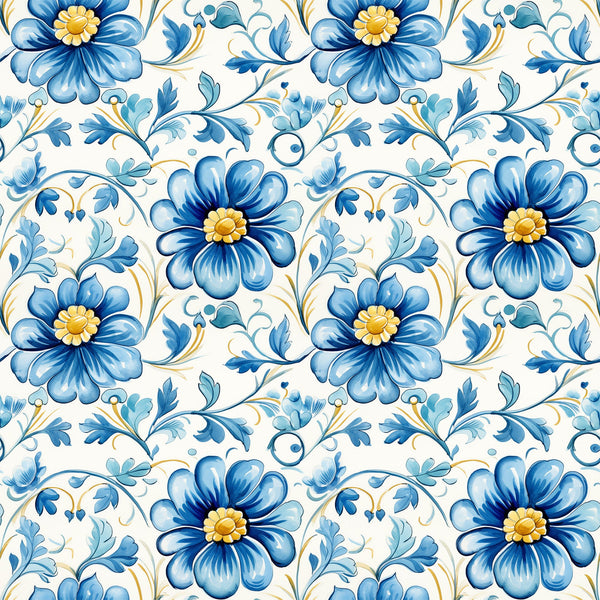 blue, white, yellow, floral pattern, handpainted tiles, ceramic style, botanical design, decorative flowers, scrollwork, ornamental vines, portuguese tiles, mediterranean style,, fabric panel, delft blue, folk art, repeating pattern, cottage core, vintage inspired, artisan crafted