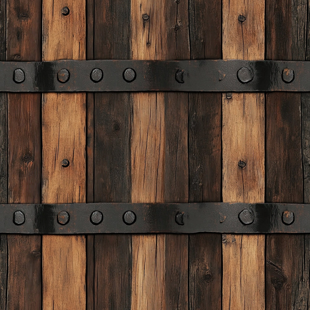 rustic wood, weathered planks, iron bands, barrel staves, brown tones, aged metal, western theme, distressed finish, wood grain, vintage hardware, country style, rustic charm,, fabric panel, americana, frontier style, barnwood texture, metallic accents, rustic brown, weathered appearance