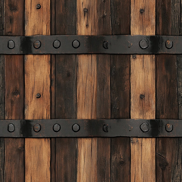 rustic wood, weathered planks, iron bands, barrel staves, brown tones, aged metal, western theme, distressed finish, wood grain, vintage hardware, country style, rustic charm,, fabric panel, americana, frontier style, barnwood texture, metallic accents, rustic brown, weathered appearance