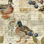 mallard ducks, waterfowl, vintage script, handwritten text, blueberries, botanical elements, brown tones, blue green, orange feet, detailed illustration,, fabric panel, nature scene, watercolor style, rustic charm, farm animals, berry branches, natural history, muted colors, ornithology