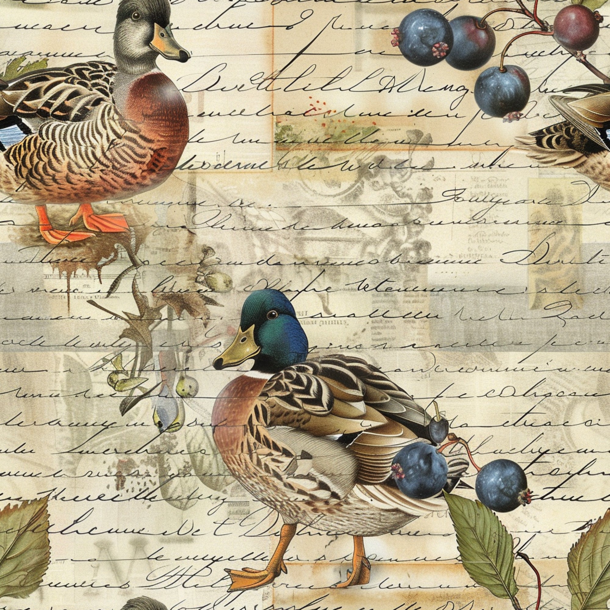 mallard ducks, waterfowl, vintage script, handwritten text, blueberries, botanical elements, brown tones, blue green, orange feet, detailed illustration,, fabric panel, nature scene, watercolor style, rustic charm, farm animals, berry branches, natural history, muted colors, ornithology