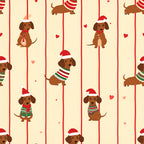 cream, red, brown, holiday, christmas, dachshund, wiener dog, festive, striped, hearts, santa hat, sweater, whimsical, cute, playful, kids, children, nursery, puppy, dog lover, seasonal, winter, fun, cheerful, vintage style, pets, animal print