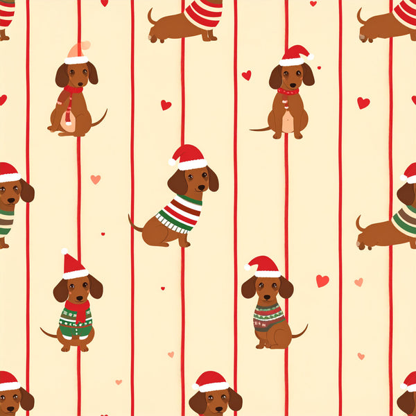 cream, red, brown, holiday, christmas, dachshund, wiener dog, festive, striped, hearts, santa hat, sweater, whimsical, cute, playful, kids, children, nursery, puppy, dog lover, seasonal, winter, fun, cheerful, vintage style, pets, animal print
