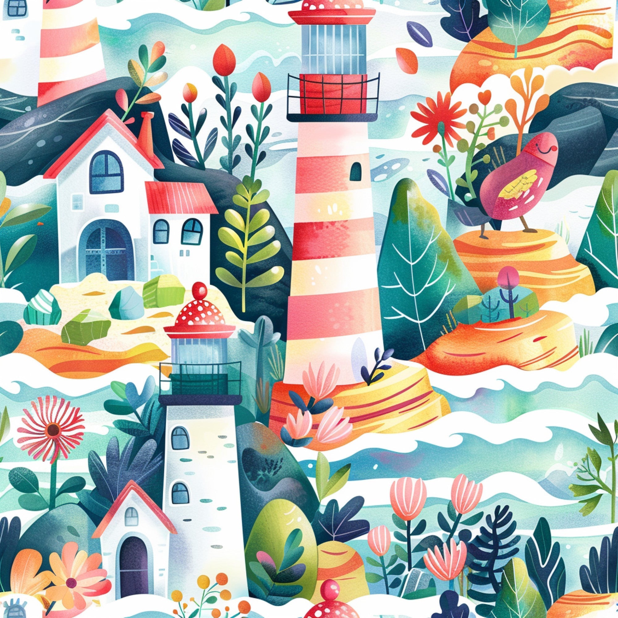 springtime lighthouse, coastal scene, watercolor style,, fabric panel, coral pink, teal blue, sage green, navy blue, orange accents, lighthouse tower, seaside houses, tropical birds, botanical florals, whimsical illustration, modern art style, ocean waves, layered landscape, bright colors, cheerful mood
