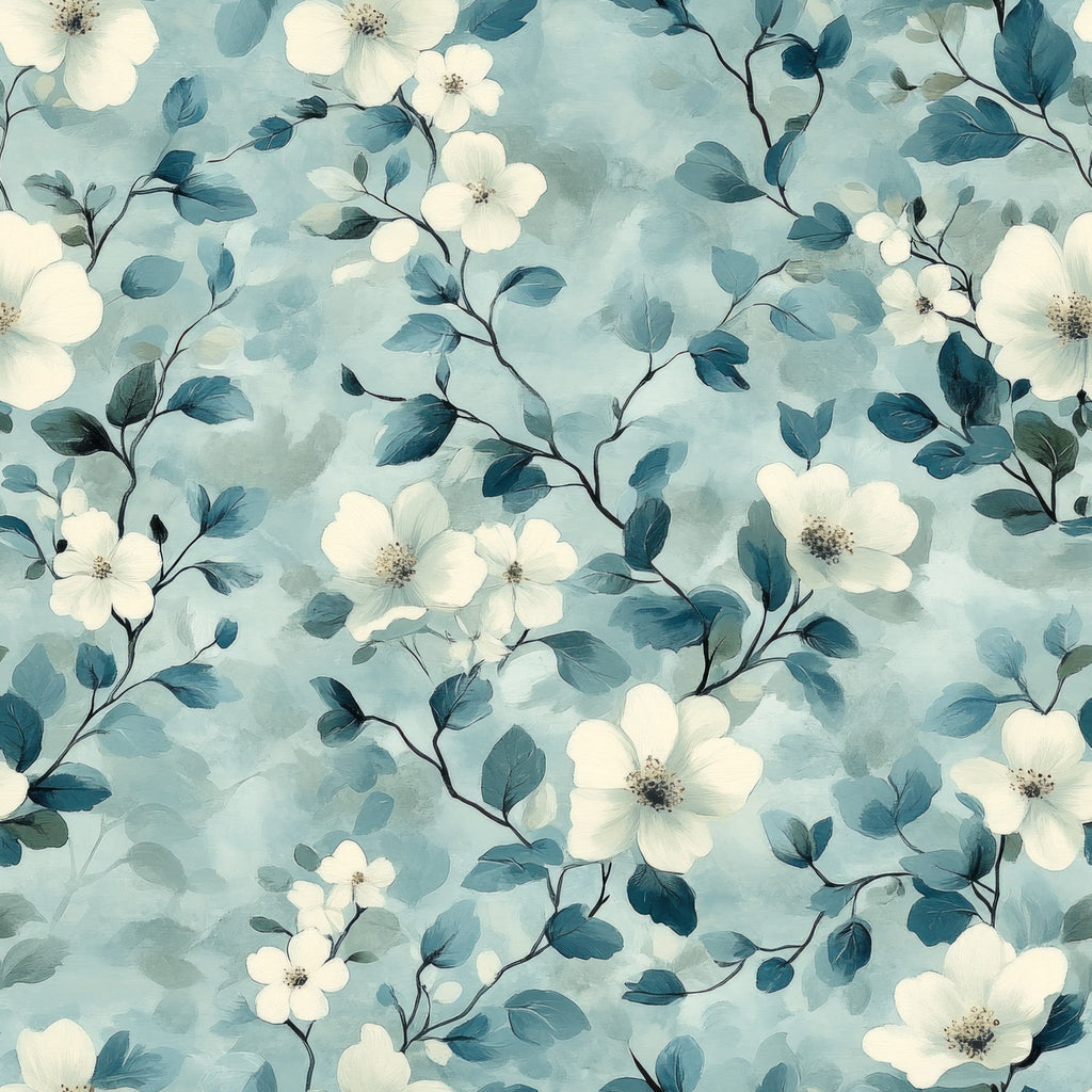 cornflower blue, soft blue, cream white, watercolor style, floral pattern, delicate flowers, botanical design, leafy branches, flowing vines, ethereal mood, dreamy aesthetic,, fabric panel, spring theme, gentle florals, painted effect, romantic pattern, nature motif, seamless design, vintage inspired