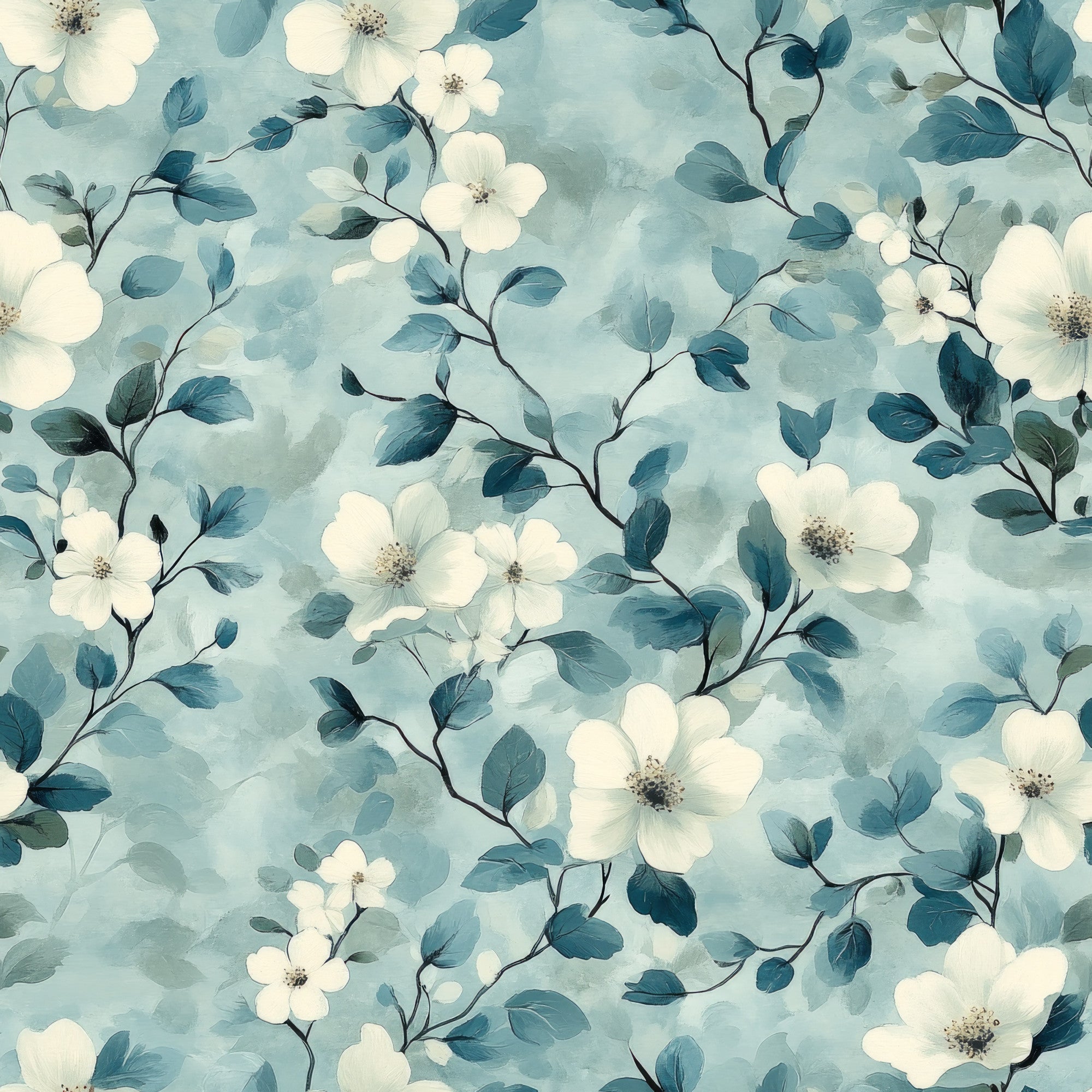 cornflower blue, soft blue, cream white, watercolor style, floral pattern, delicate flowers, botanical design, leafy branches, flowing vines, ethereal mood, dreamy aesthetic,, fabric panel, spring theme, gentle florals, painted effect, romantic pattern, nature motif, seamless design, vintage inspired