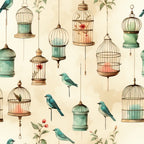 vintage birdcages,, fabric panel, turquoise birds, sage green, coral pink, cream background, hanging cages, botanical elements, whimsical pattern, decorative birdcages, small songbirds, floral accents, soft pastels, ornate cage designs, nature motif, delicate illustration, seamless repeat, crafting fabric, vintage style