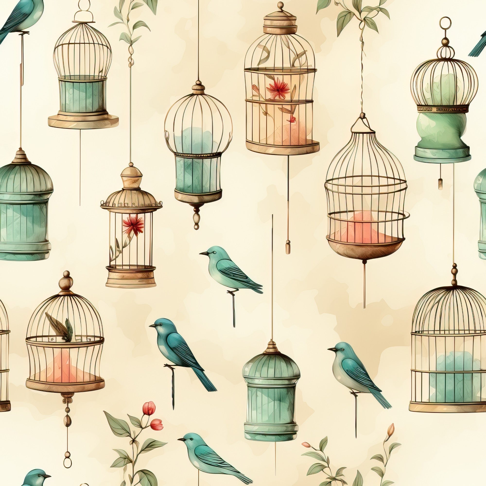vintage birdcages,, fabric panel, turquoise birds, sage green, coral pink, cream background, hanging cages, botanical elements, whimsical pattern, decorative birdcages, small songbirds, floral accents, soft pastels, ornate cage designs, nature motif, delicate illustration, seamless repeat, crafting fabric, vintage style